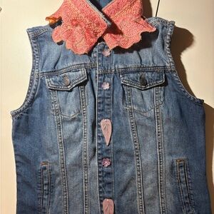 Women’s Medium Denim Vest with Pink Collar Accent, upcycled!